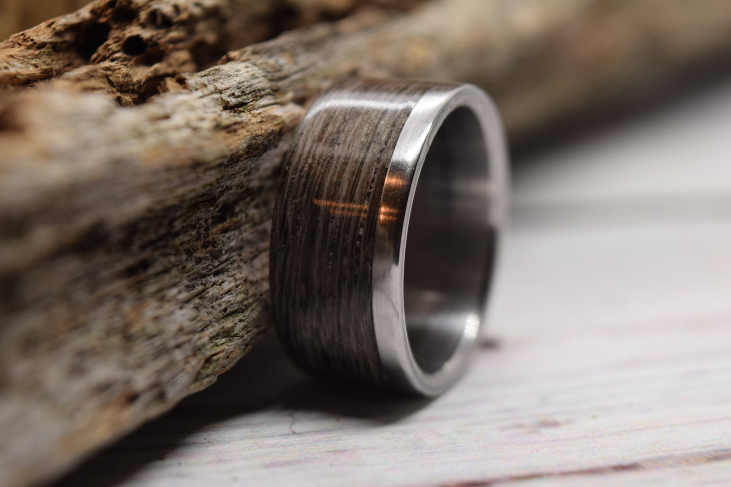 Size 8.5 Stainless Steel Ring With An Offset Grey Maple Bentwood Inlay