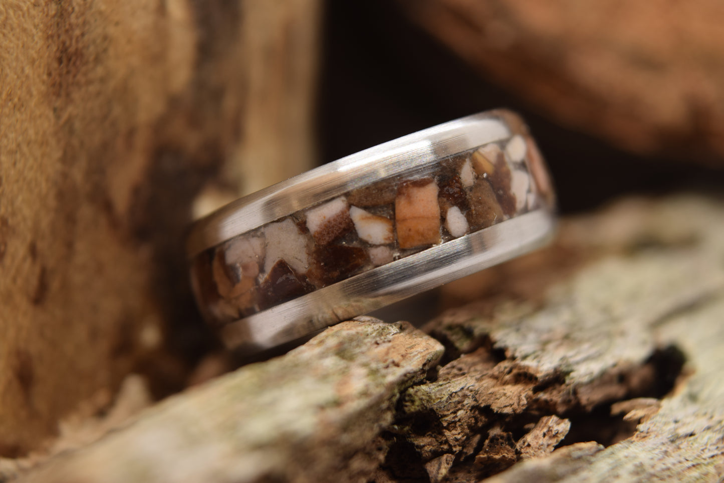 Size 6.5 Stainless Steel Ring With A Brazilian Striped Jasper Inlay