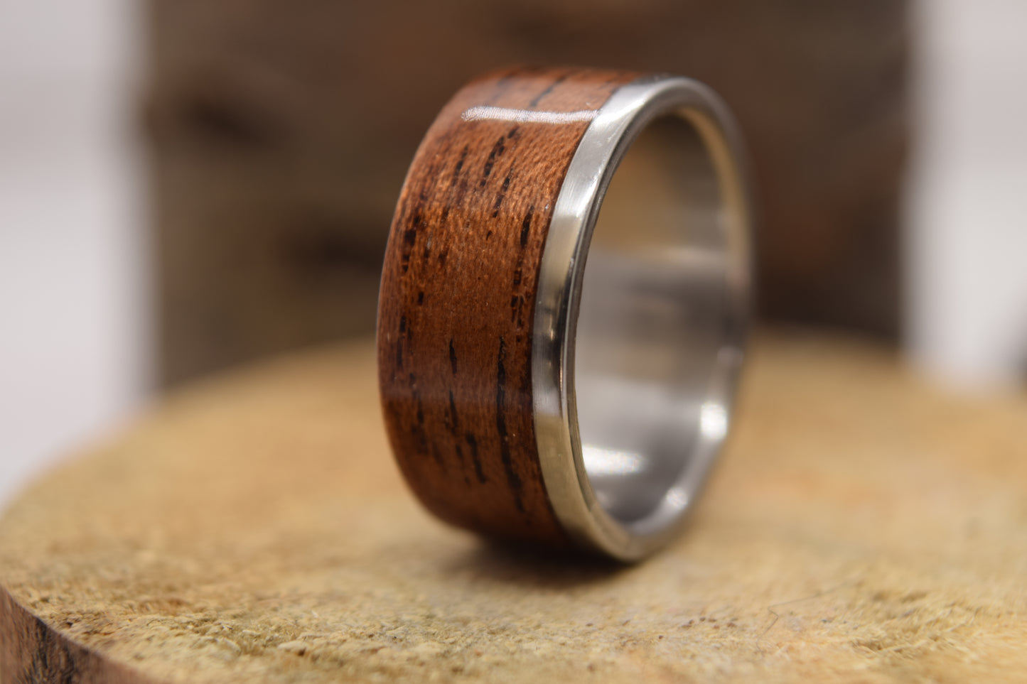 Size 7 Stainless Steel Ring With An Offset Spanish Cedar Bentwood Inlay.