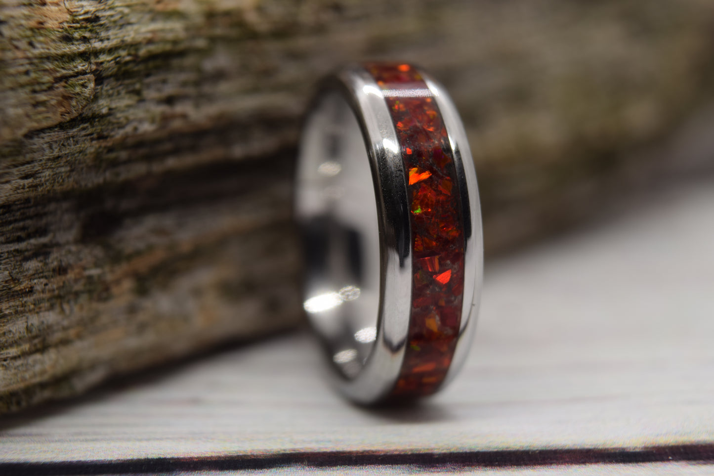 Size 7 Stainless Steel Ring With Red Opal Inlay