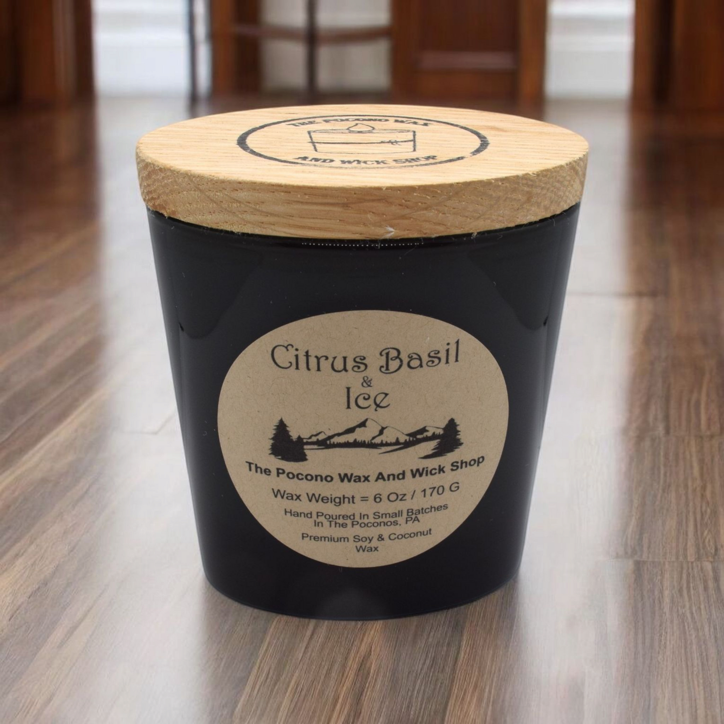 6 Oz Black Oval Specialty Jar Citrus, Basil & Ice Soy/Coconut Candle