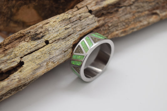 Size 10.5 Titanium Ring With Aztec Design. German Silver Glass & Radioactive Green Opal Inlays.