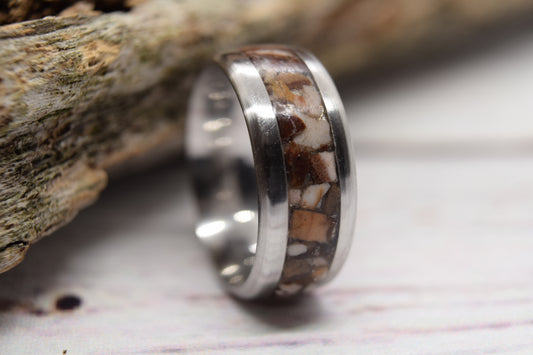 Size 6.5 Stainless Steel Ring With A Brazilian Striped Jasper Inlay