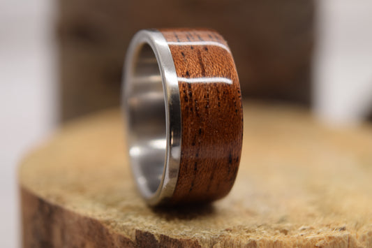 Size 7 Stainless Steel Ring With An Offset Spanish Cedar Bentwood Inlay.